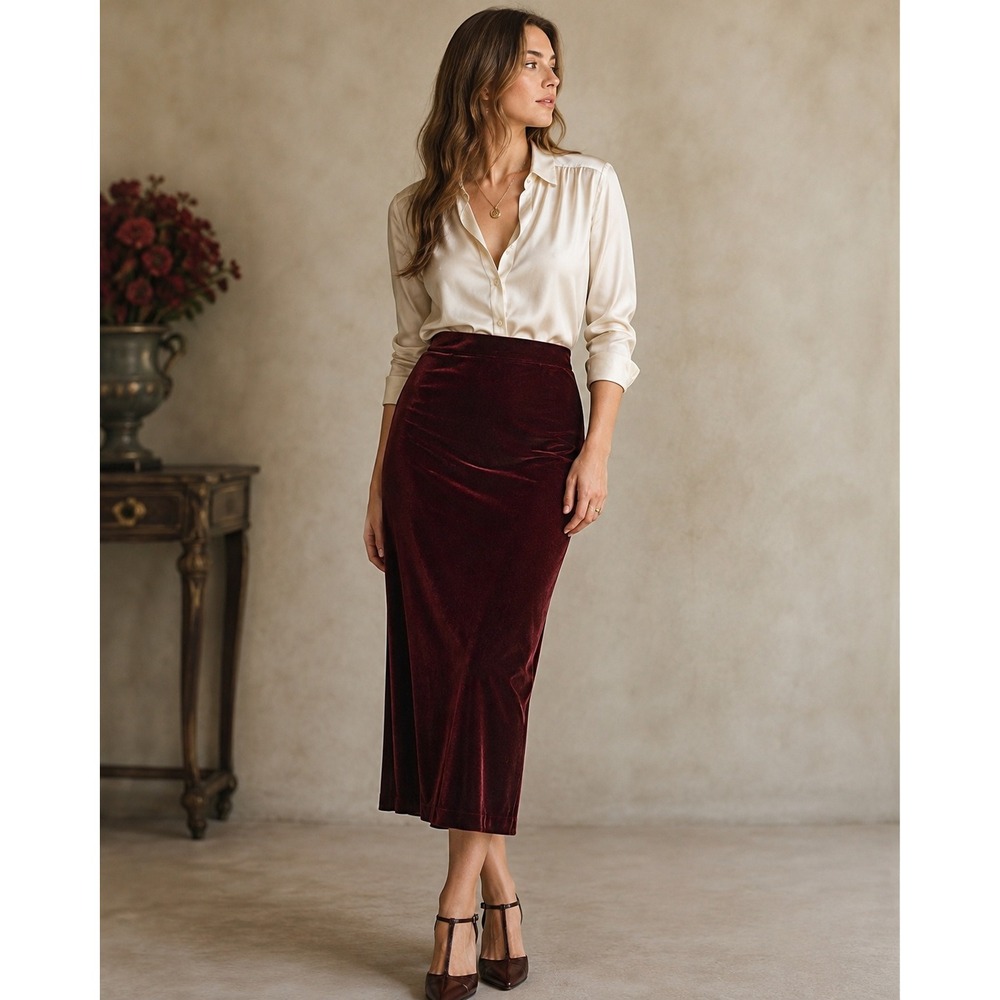 Ralph Lauren Vintage Burgundy Velvet Maxi Skirt Dark Romantic Wine Red XL USA